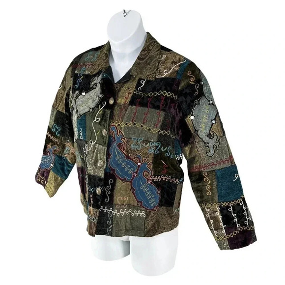Vintage Alex Kim Womens M Patchwork Velvet Jacket Art To Wear Embroidered BOHO - Picture 9 of 16